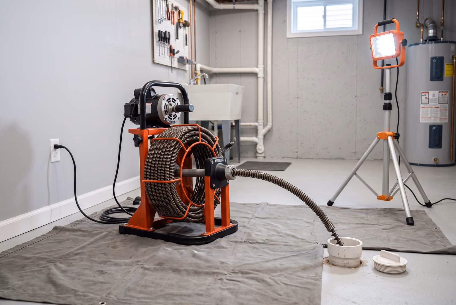 Drain cleaning machine staged beside a cleanout, drop cloth down