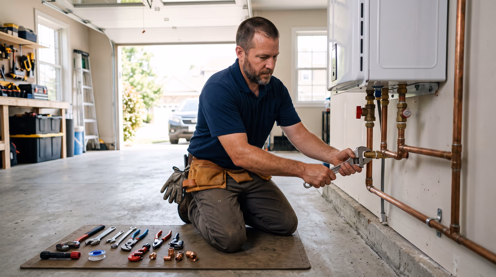 A plumber fitting a tankless water heater in a clean, well-lit garage