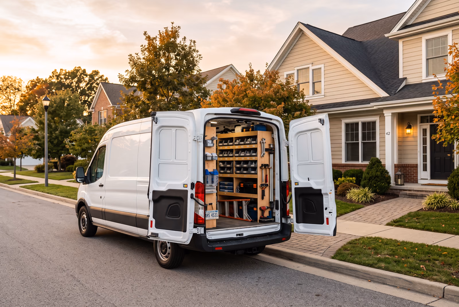 Clean white service van at the curb with organized shelving