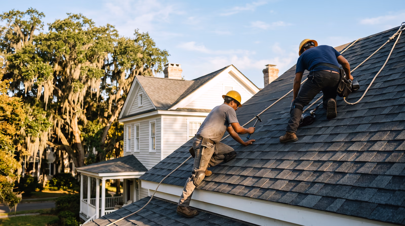 Two roofers installing charcoal shingles on a Charleston home beneath live oaks, golden afternoon light