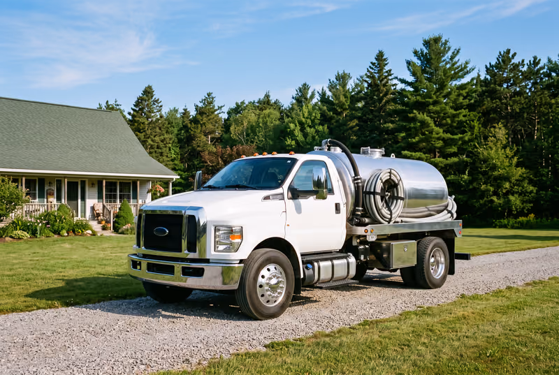 A clean septic service truck parked on a gravel drive