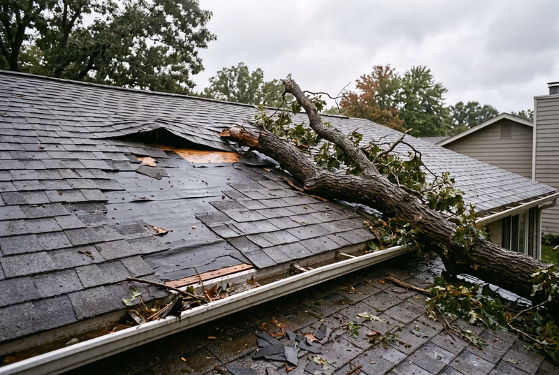 Storm-torn shingles and a fallen limb after a Charleston squall