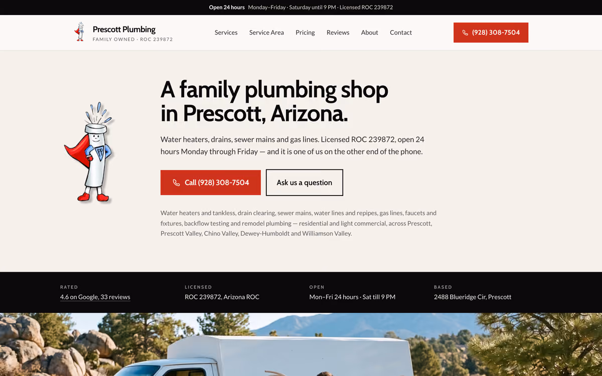 Prescott Plumbing — a site we built, shown as it renders live.